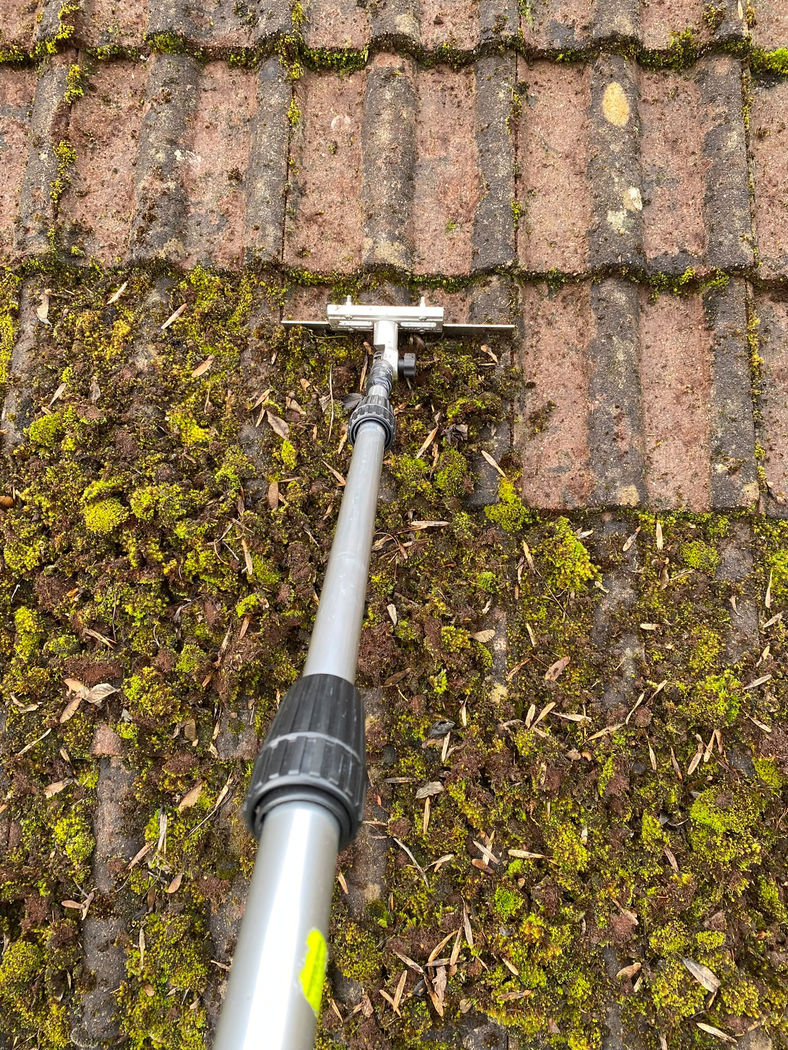 Moss and algae being scraped from roof tiles before treatment